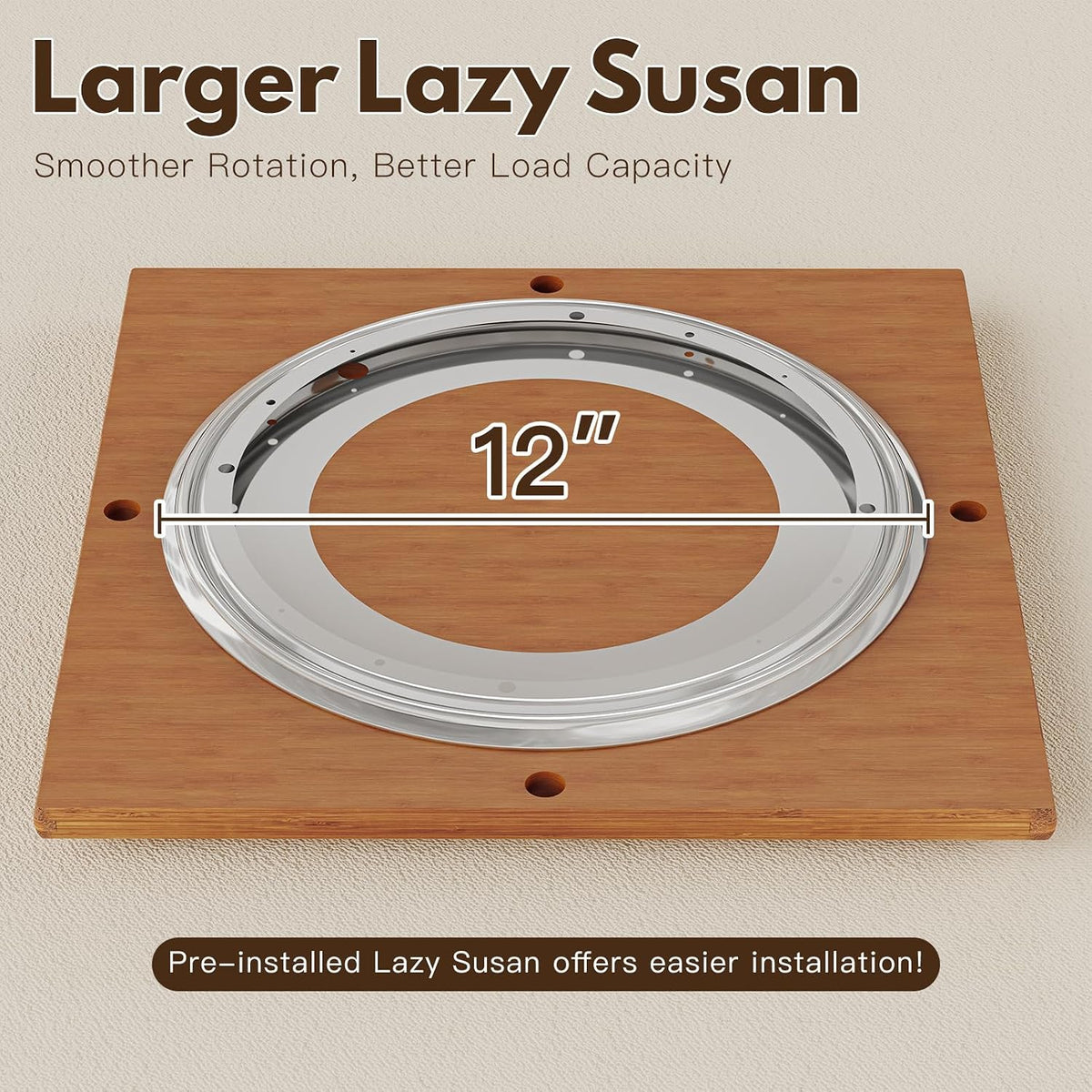 Top-down view of a circular metal lazy-susan ring mounted to a square bamboo panel