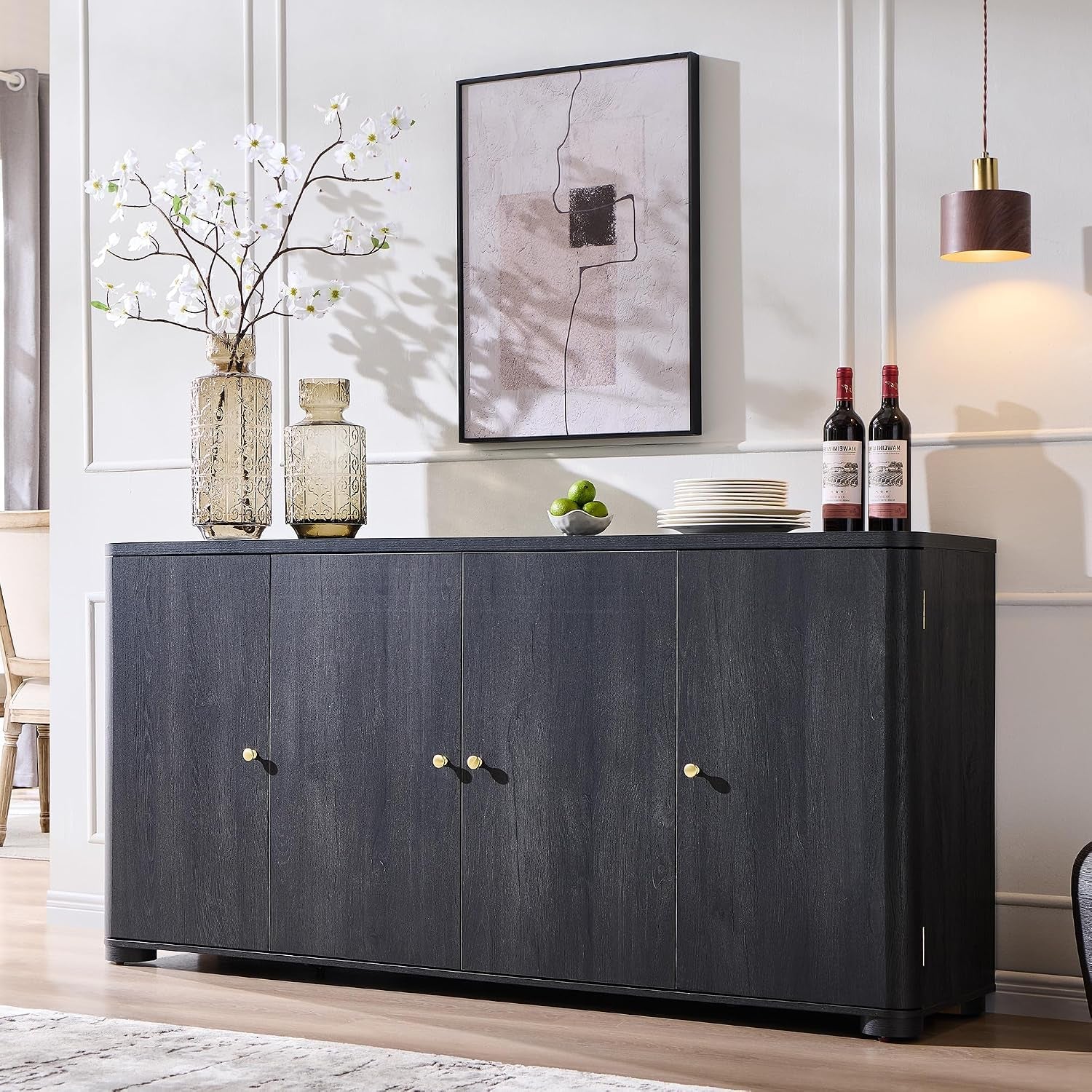 IFGET Curved Buffet Cabinet with Doors, 66" Large Sideboard Buffet Storage Cabinet with 4 Doors and Shleves, gallery view 9