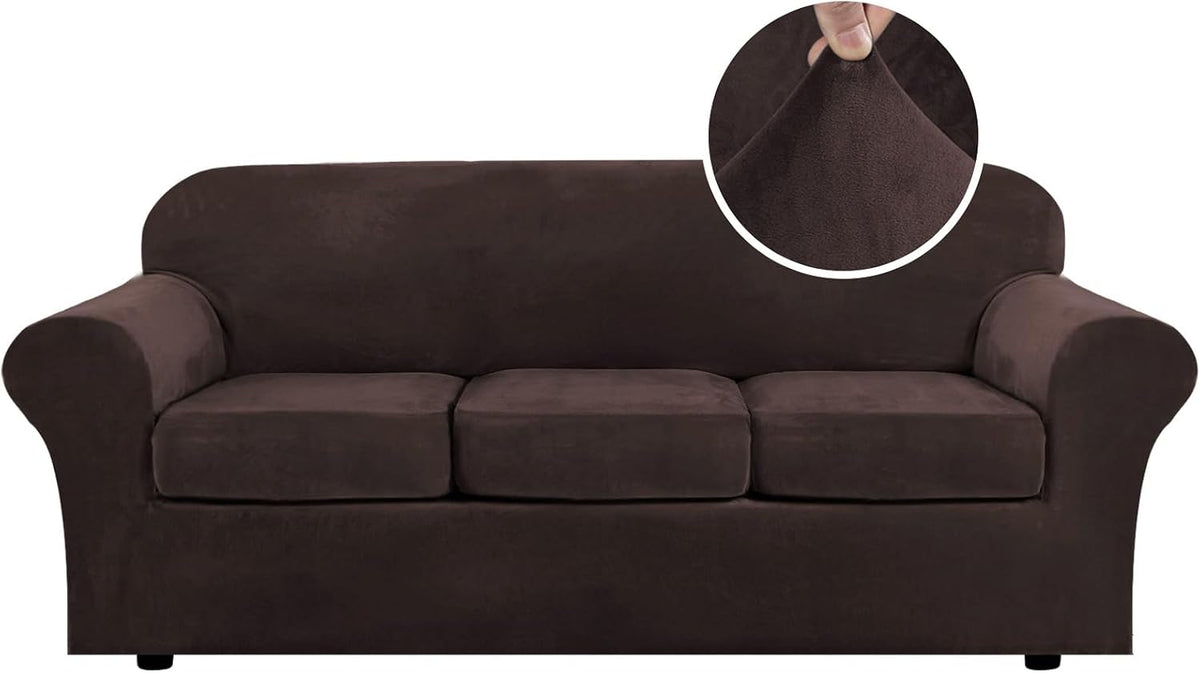 Front view of a three-cushion sofa with rolled arms in dark brown velvet, fabric zoom inset.