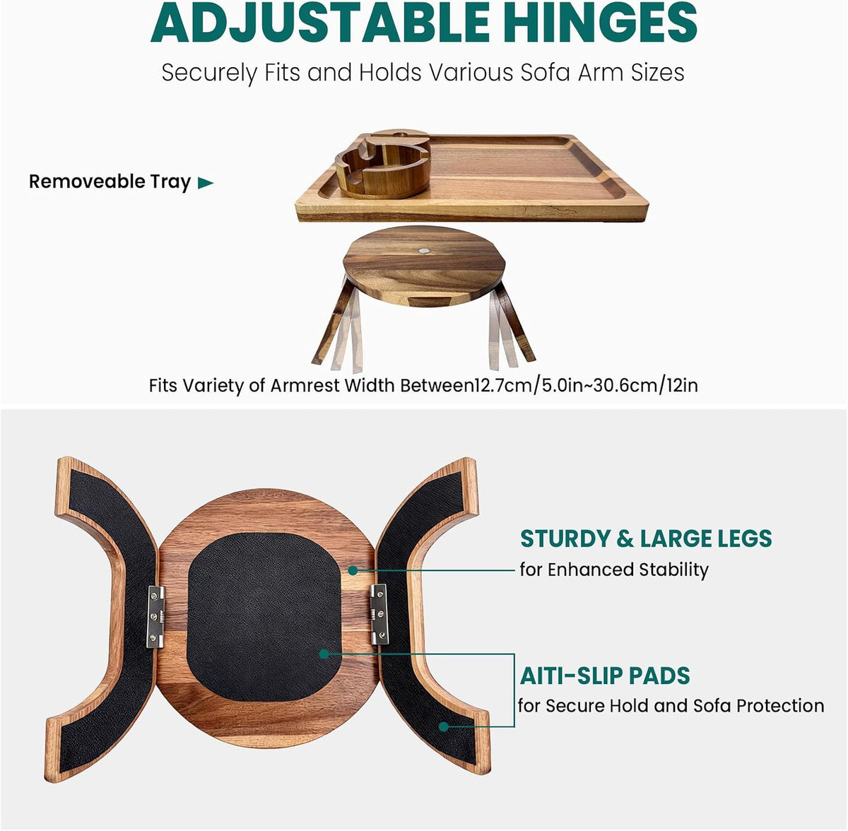 Underside of swivel base with anti-slip pads and adjustable hinged legs for secure clamping on armrests