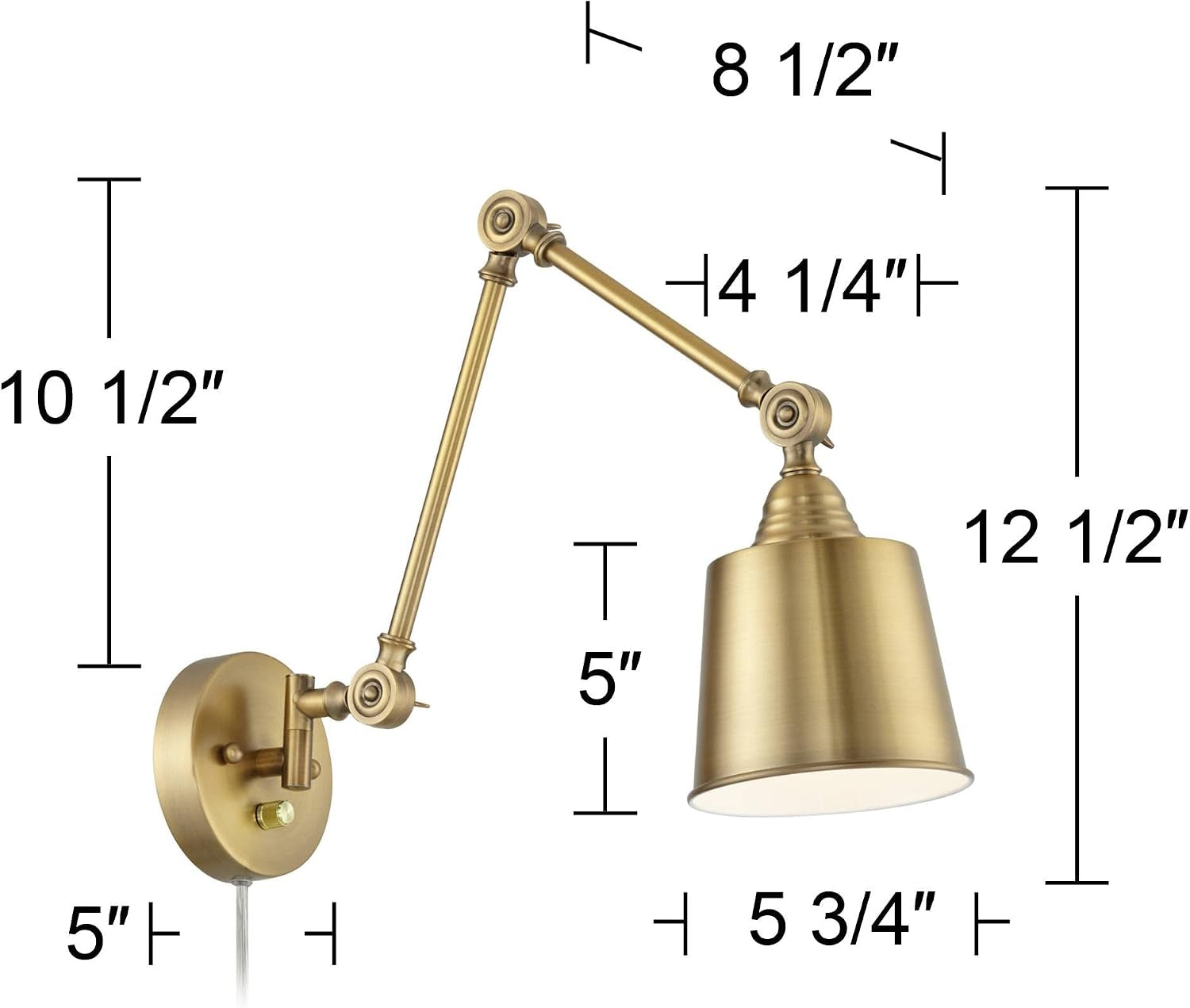 Line drawing of the swing-arm wall lamp with visible measurement callouts for arm lengths and 12 1/2" height