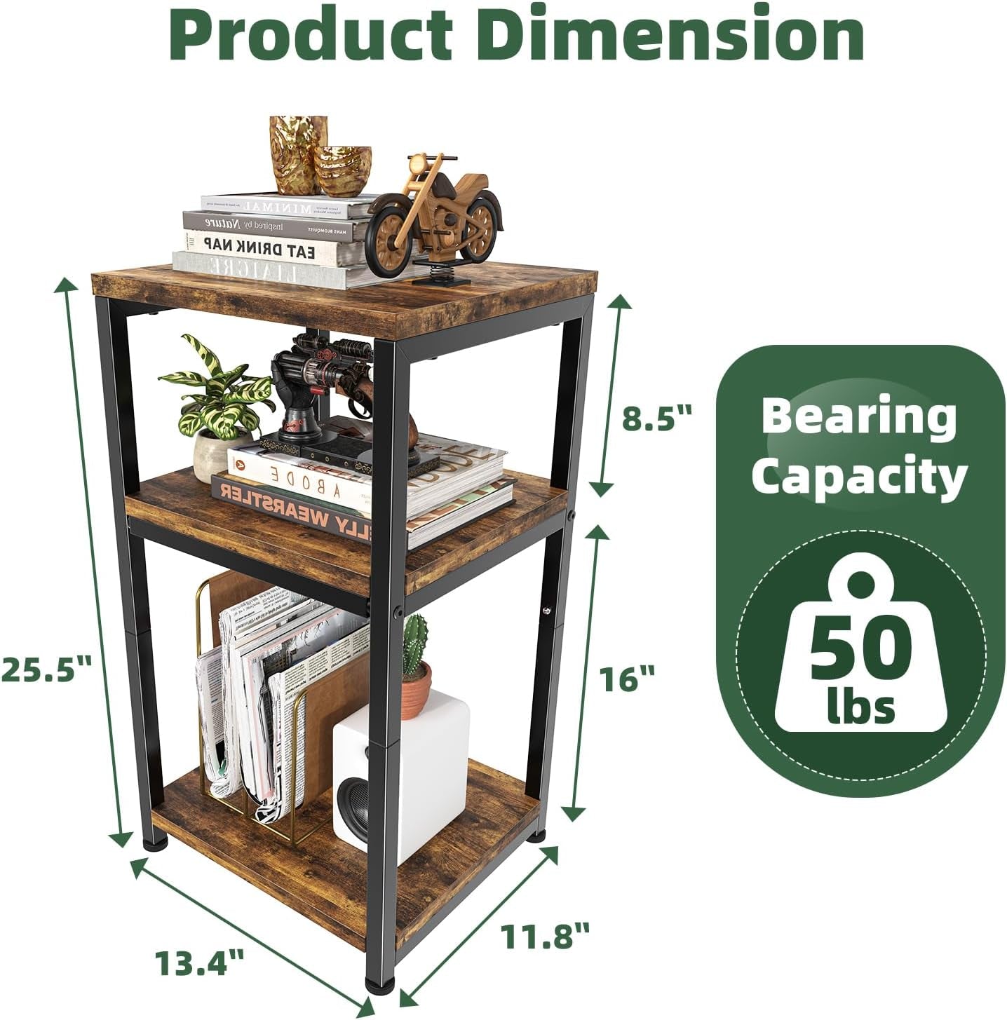 Diagram view of the side table with dimensions 13.4" x 11.8" x 25.5" and 50 lb capacity graphics