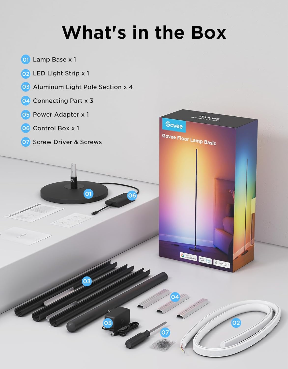 Flat lay of lamp parts and packaging on a white surface: round base, pole sections, LED strip, adapter, screwdriver and