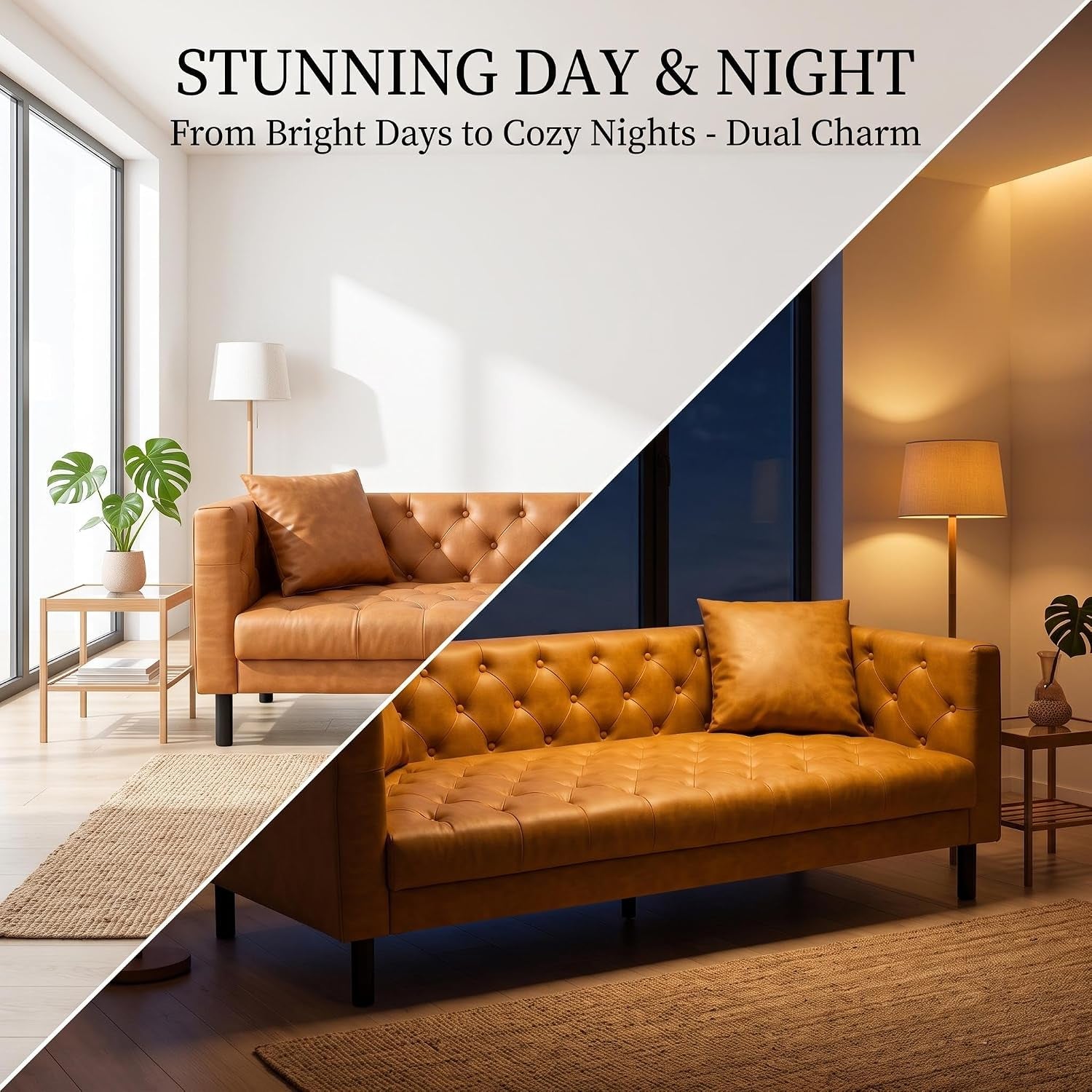 Diagonal split showing the tan tufted sofa in a bright daytime room at top left and the same sofa in warm evening lighting