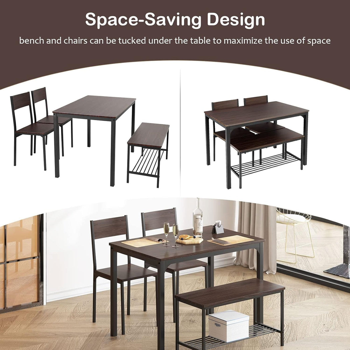 Graphic illustrating space-saving design with the bench and chairs tucked under the table