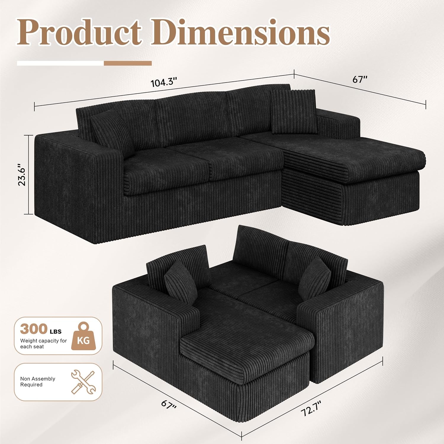 105" Boneless Couches for Living Room Modular Sectional Sofa L-Shape Couch with Oversized Chaise, Cloud Couch Deep Seat Memory Foam Upholstered for Bedroom, Plush Corduroy Fabric,Night Black