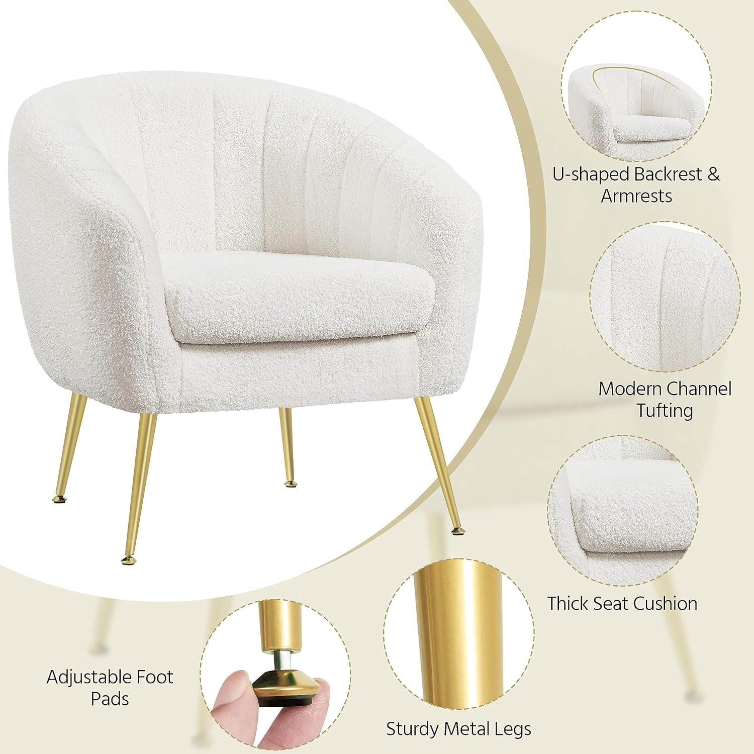 Ivory bouclé barrel chair on white background with callouts highlighting U-shaped backrest and metal legs