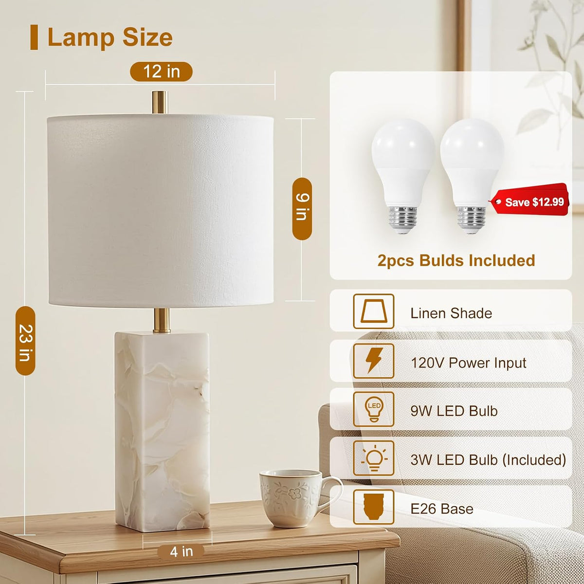 Diagram and measurements for the 23-inch alabaster table lamp showing shade and base dimensions