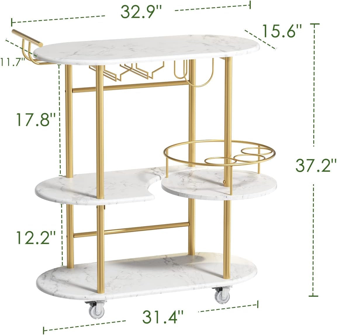 Three-tier bar cart diagram with green dashed measurement lines and inch dimensions on each shelf.