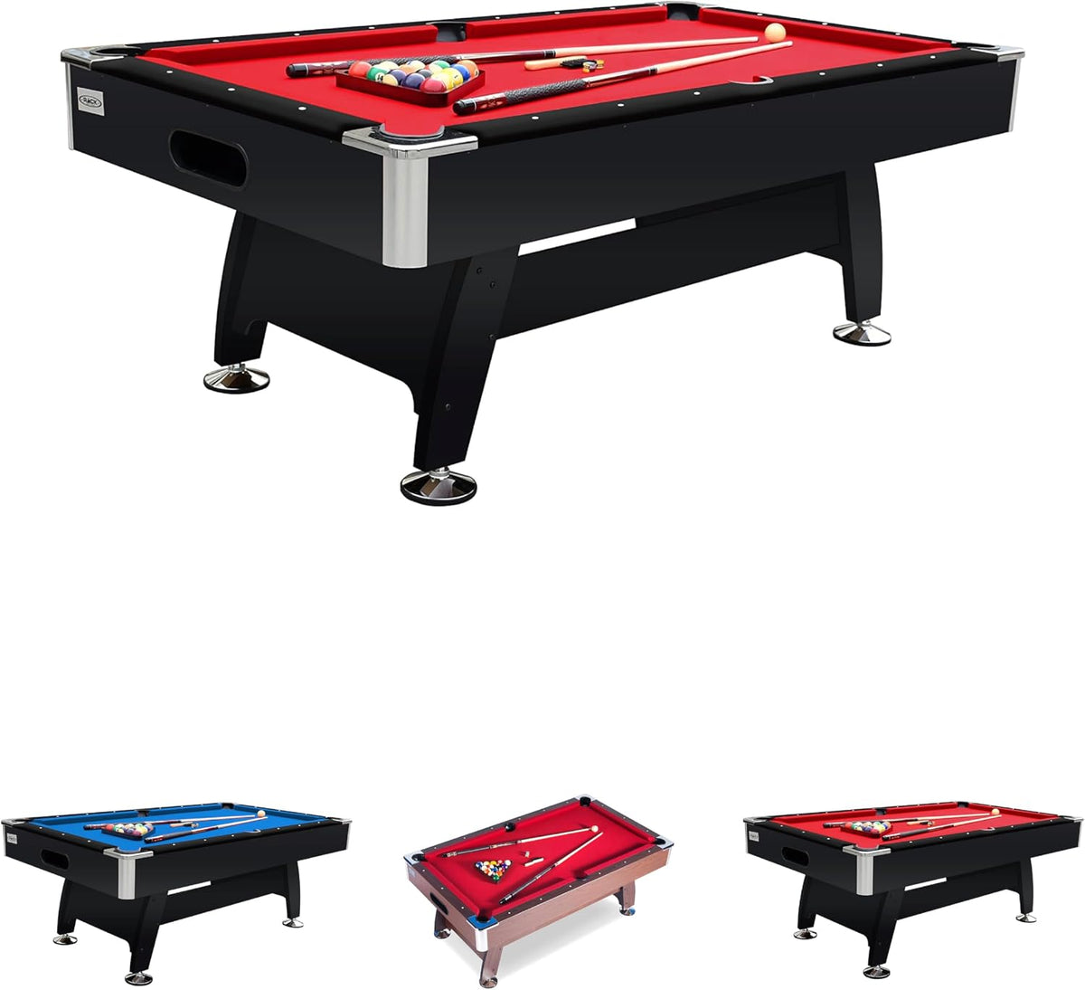 Black 7-foot pool table with red felt shown angled front-left with cues and triangle rack.