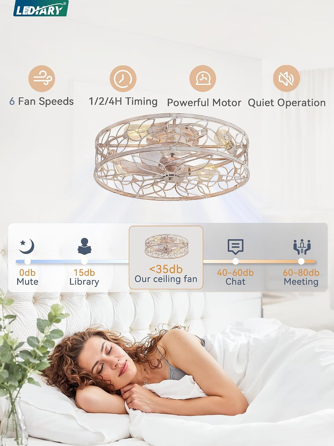Bedroom infographic showing the caged ceiling fan with icons for six speeds, timer and quiet operation