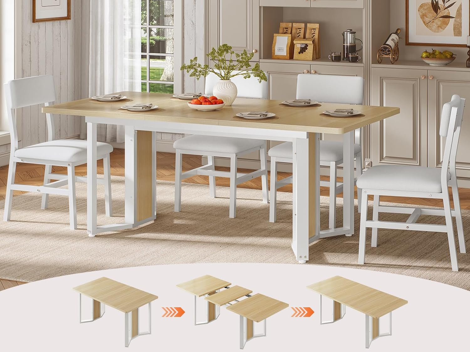 Light wood and white five-piece dining set, with three tabletop extension stages shown below.
