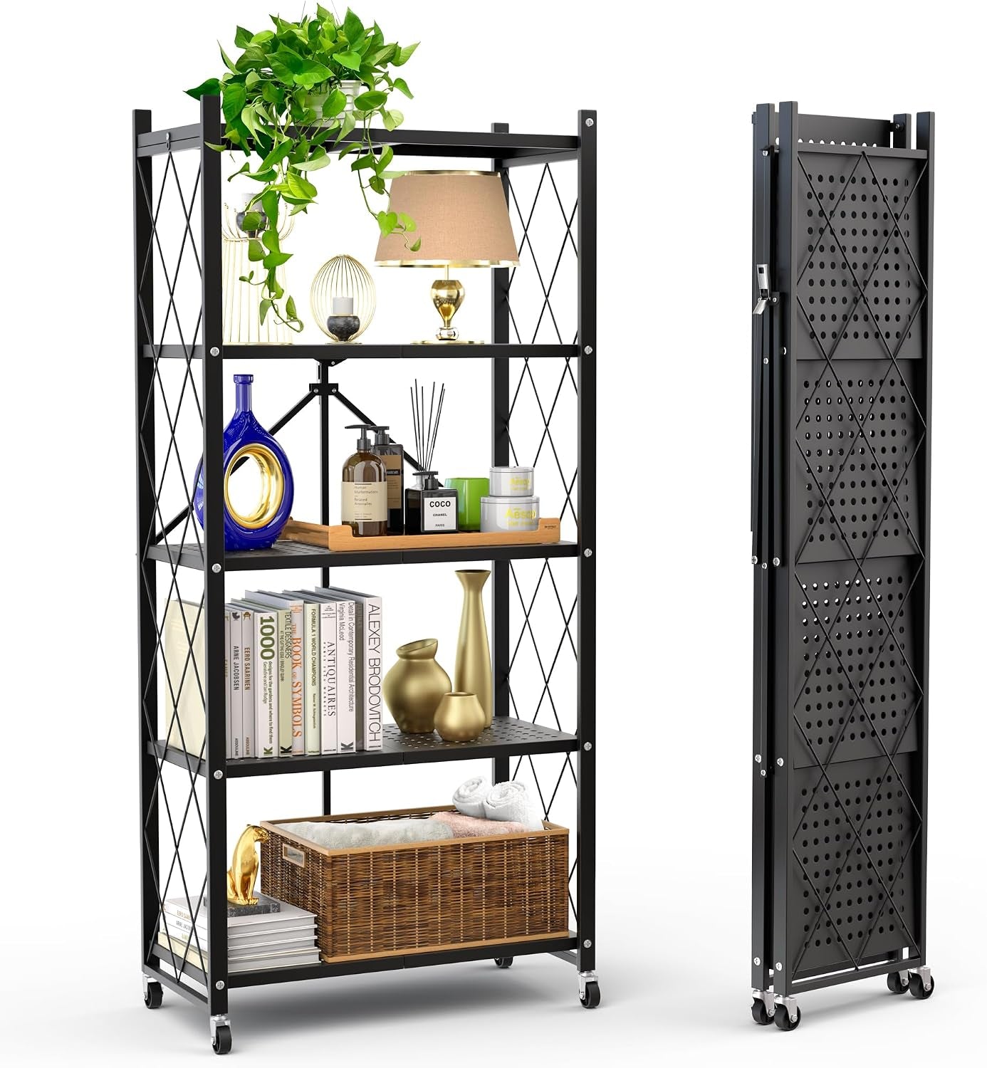 Black shelf styled with a lamp, blue decorative vase and a folded unit displayed beside it on a white background.