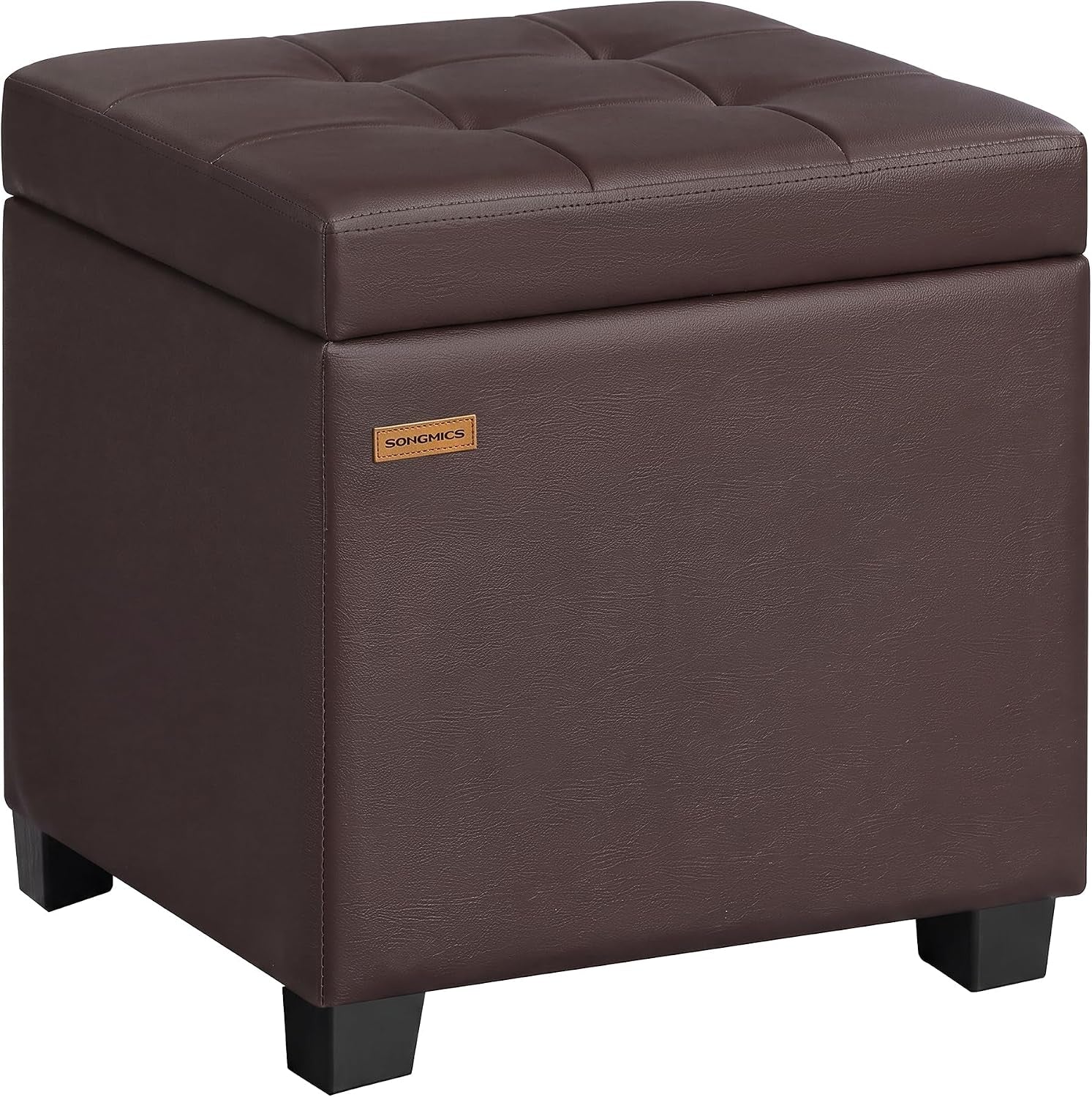 Square upholstered storage ottoman with tufted removable lid, shown in dark brown on short black legs.
