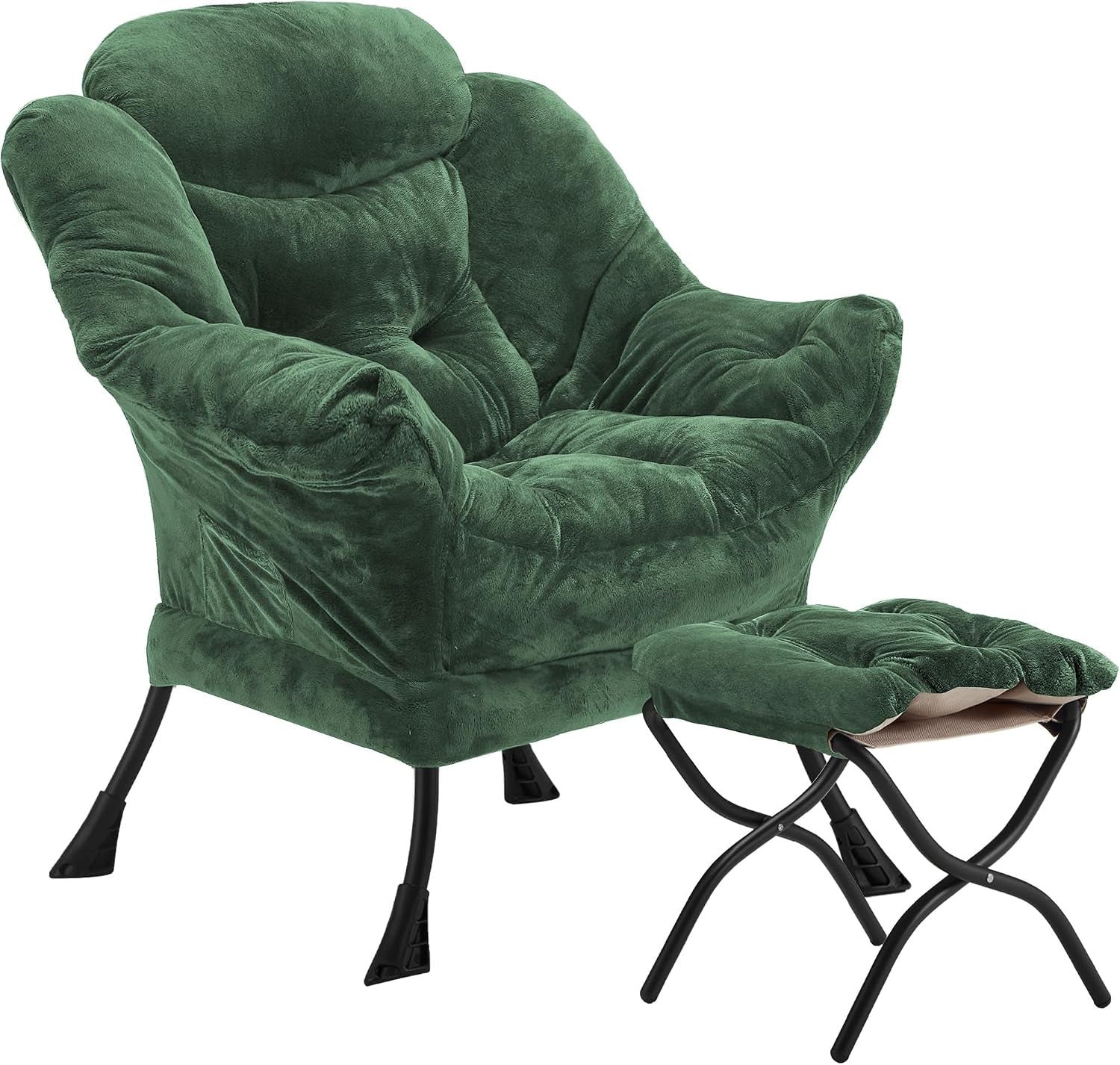 Deep green velvet padded chair with tufting and a matching cushioned ottoman on curved black legs