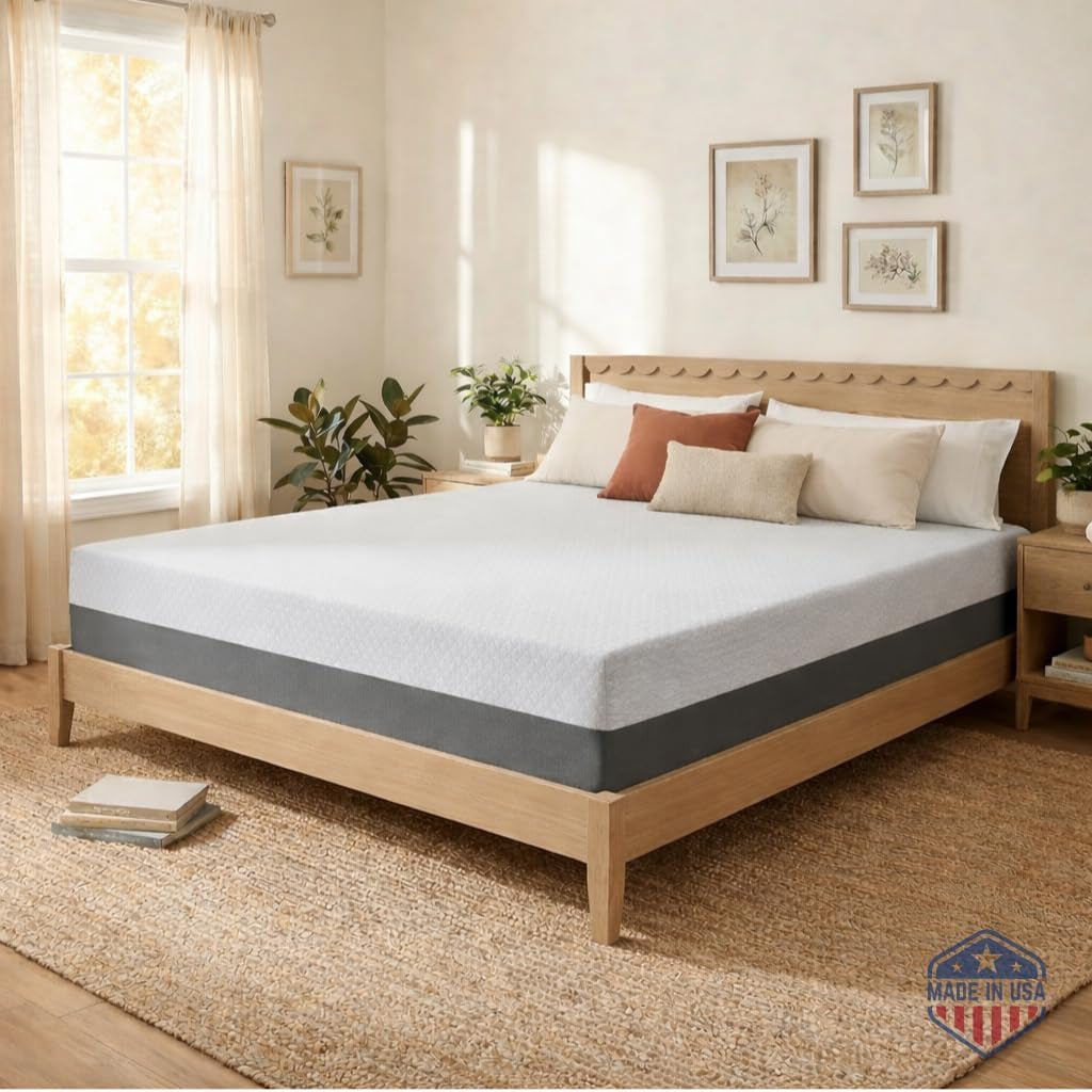Bedroom scene showing a memory foam mattress with a white quilted top and gray side on a light wood platform bed.