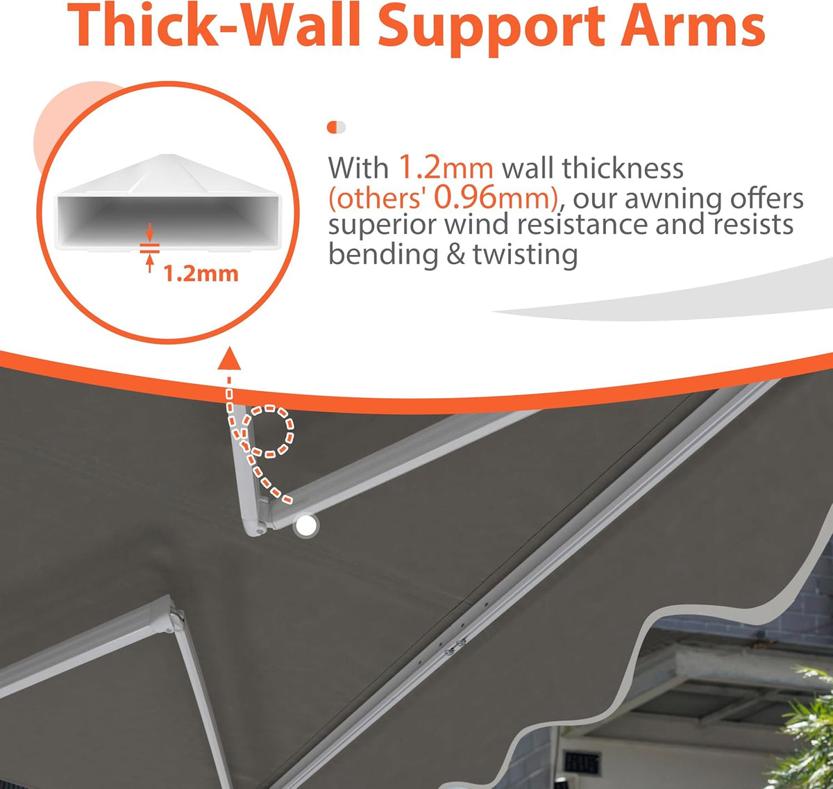 Close-up view of the awning's angled support arms and underside of the fabric.