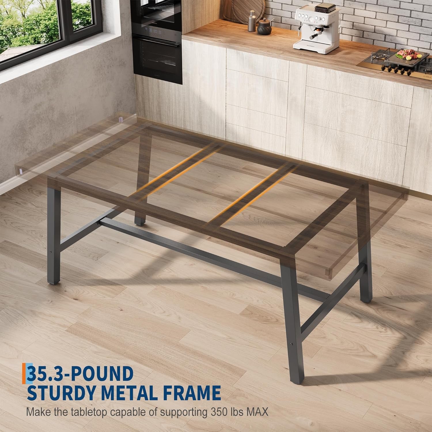 Transparent tabletop overlay showing the metal support frame and legs beneath in a room setting.