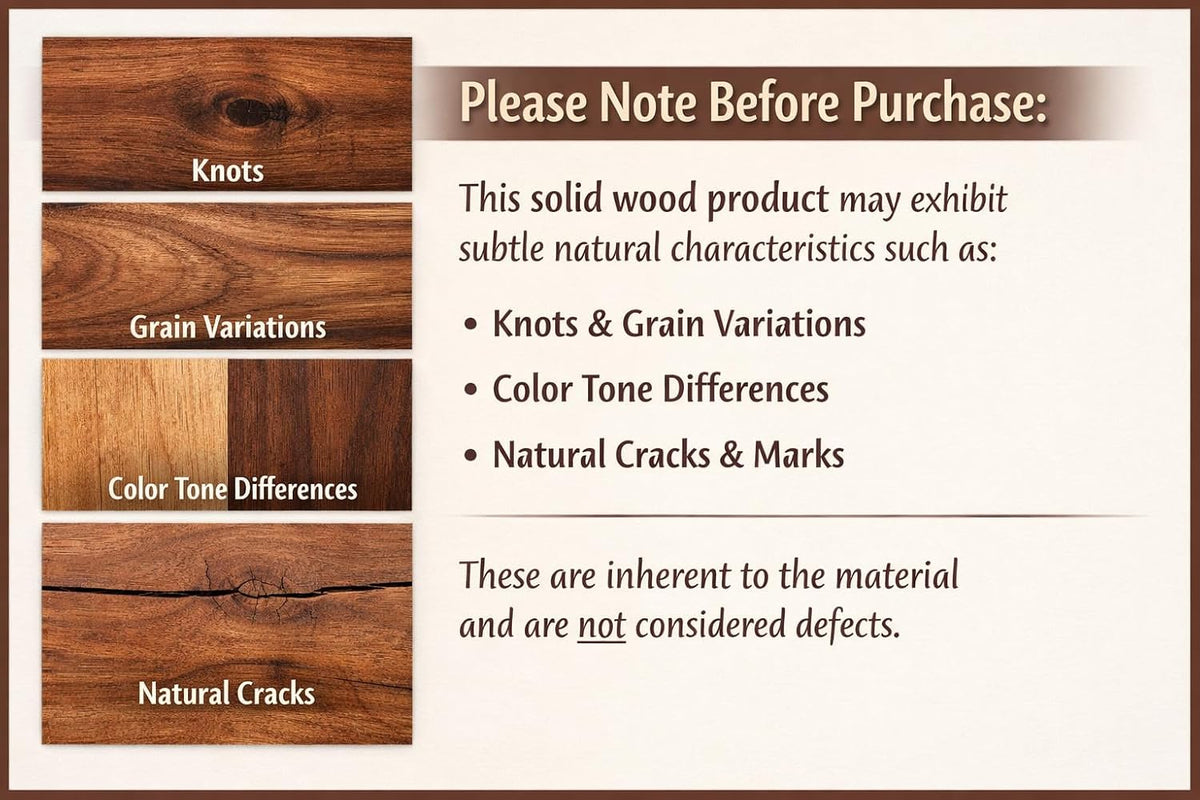 Graphic showing four wood-grain close-ups illustrating natural knots, grain variations, color tone differences and cracks.