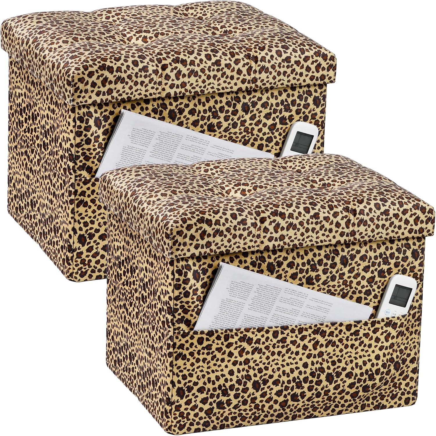 Two leopard-print tufted storage ottomans with side pocket holding a folded paper and remote.
