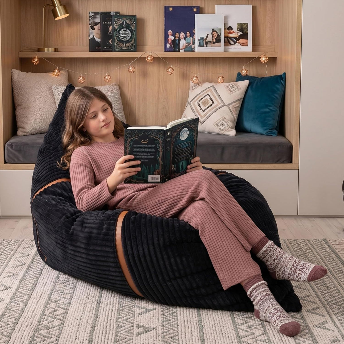 Young girl reclining and reading on a large black ribbed lounger in a cozy built-in nook.