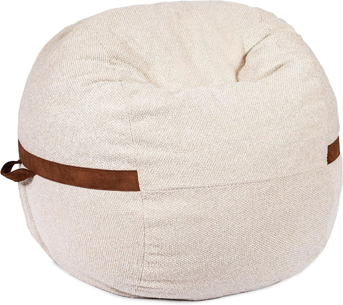 Close-up of a beige textured lounger top showing stitched panels and a brown carry strap detail