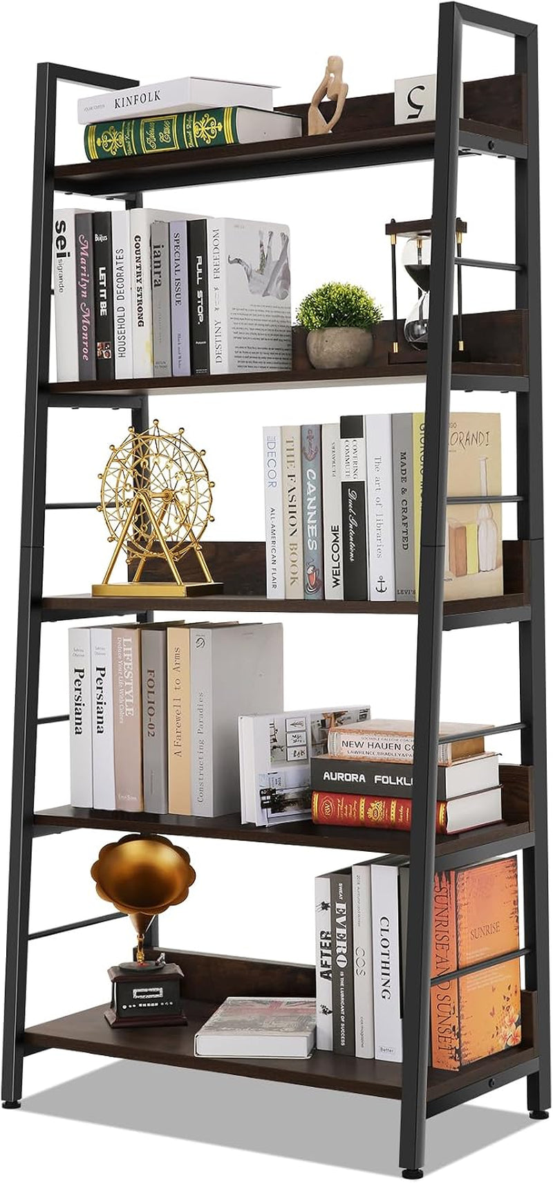 Three-quarter view of one ladder bookcase highlighting open side rungs and wood-tone shelves with boxes and books.