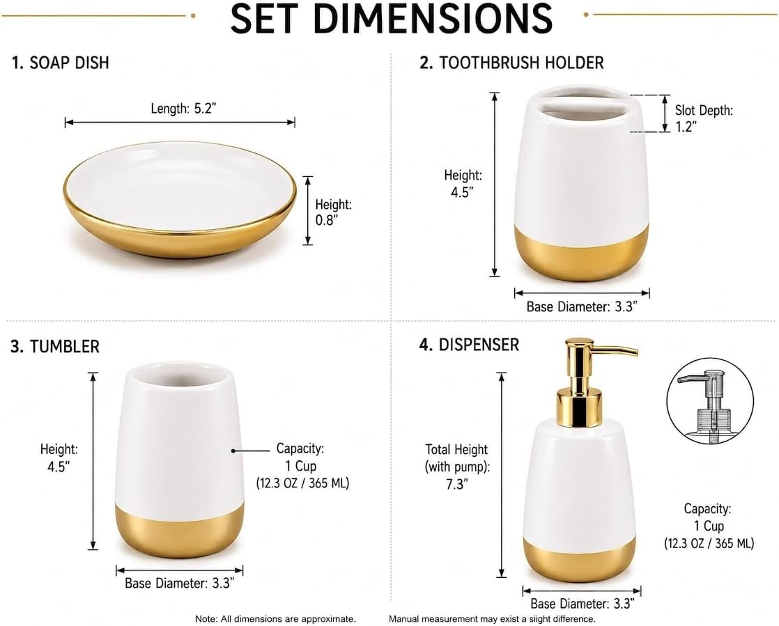 Infographic showing set dimensions and measurements for soap dish, toothbrush holder, tumbler and dispenser in inches