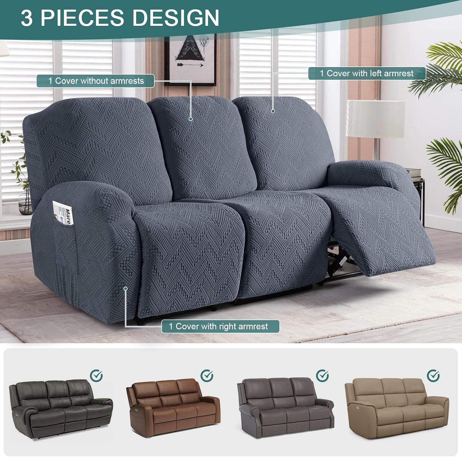 Recliner Sofa Covers Recliner Chair Covers Couch Covers for Reclining Couches with Pockets Washable Furniture Protector with Elastic Bottom (3 Seater, Grey)