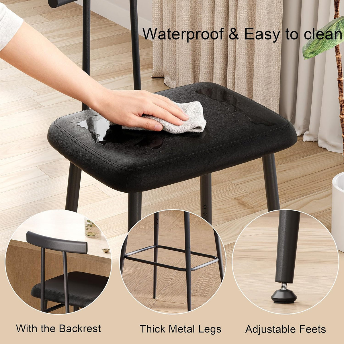 Close-up of black PU seat being wiped clean with inset callouts showing backrest, metal footrest, and adjustable feet