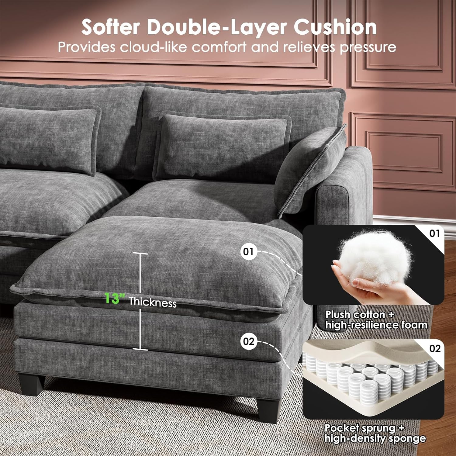 Modular Sectional Sofa 110.6" U-Shaped Modern Comfy Cloud Couch, 5-Seat Chenille Deep Seat Sofa with Throw Pillow & Movable Ottoman for Living Room, Bedroom and Apartment, Slate Gray