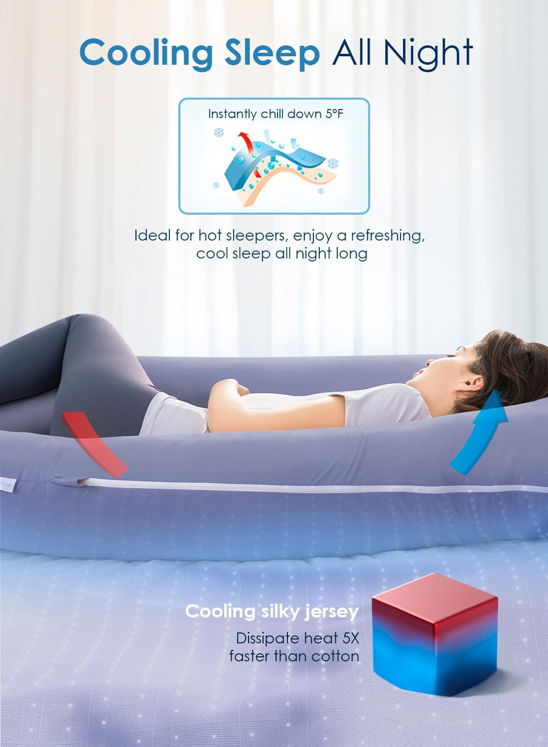 Side view of a blue U-shaped pillow on a bed showing cooling silky jersey cover and zipper detail