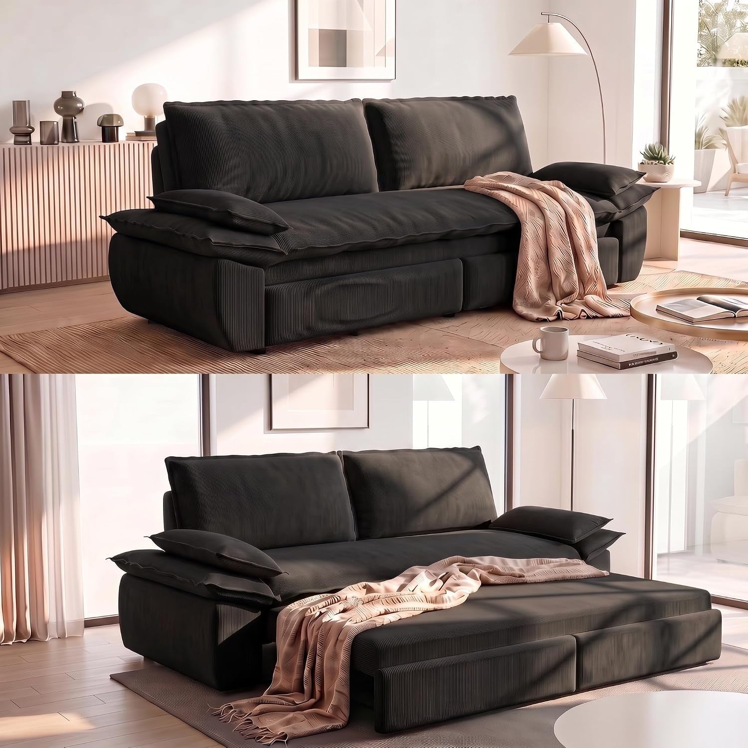 Deep charcoal corduroy sofa in a modern living space; below, the matching sleeper fully extended with a throw.
