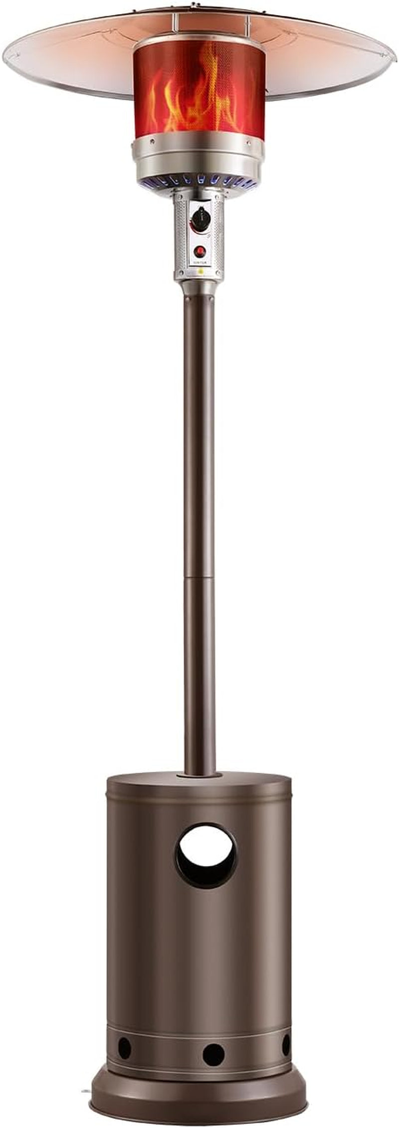 Round-top propane patio heater in bronze finish showing flame graphic inside the burner housing