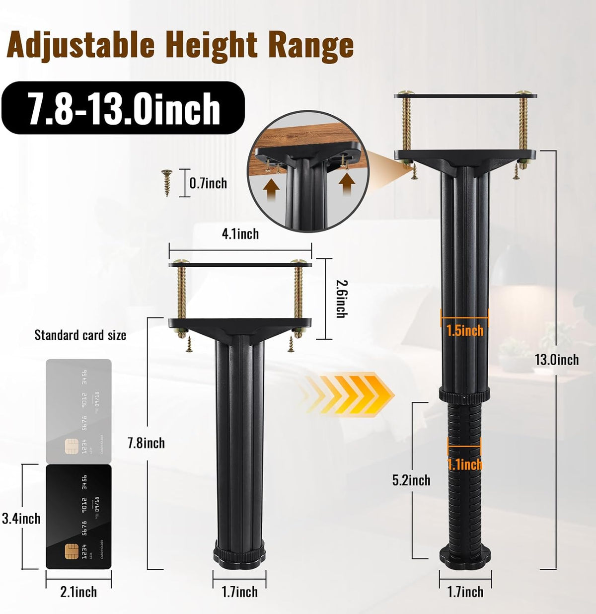 Tall black adjustable leg shown with overlayed measurements and a credit-card size comparison beside it.