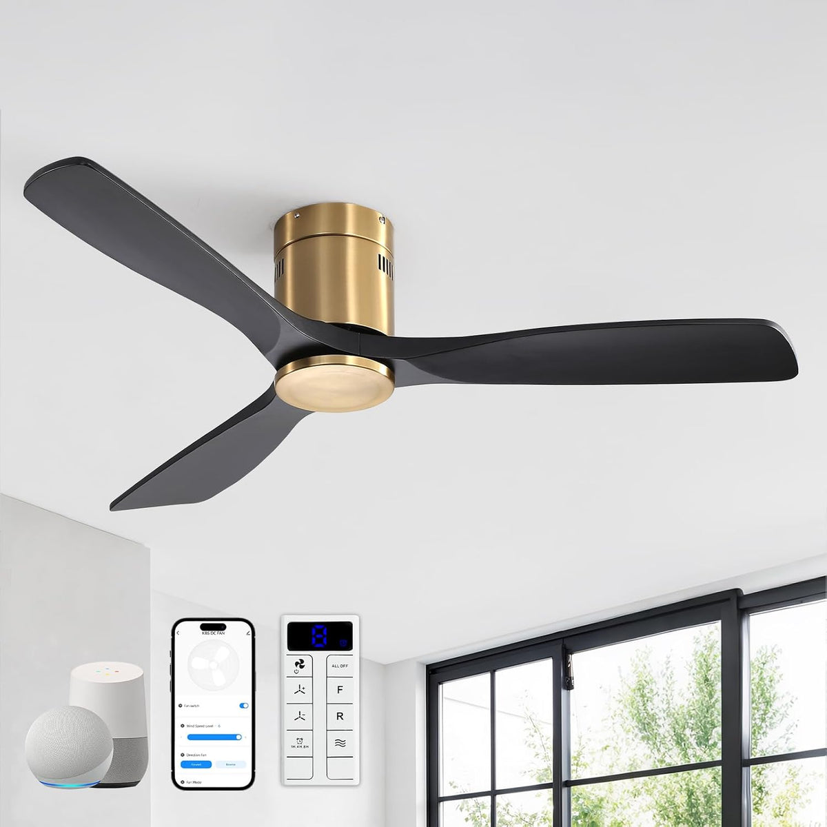 Low-angle view of dark‑bladed flush fan mounted on a ceiling above large window, app and remote icons
