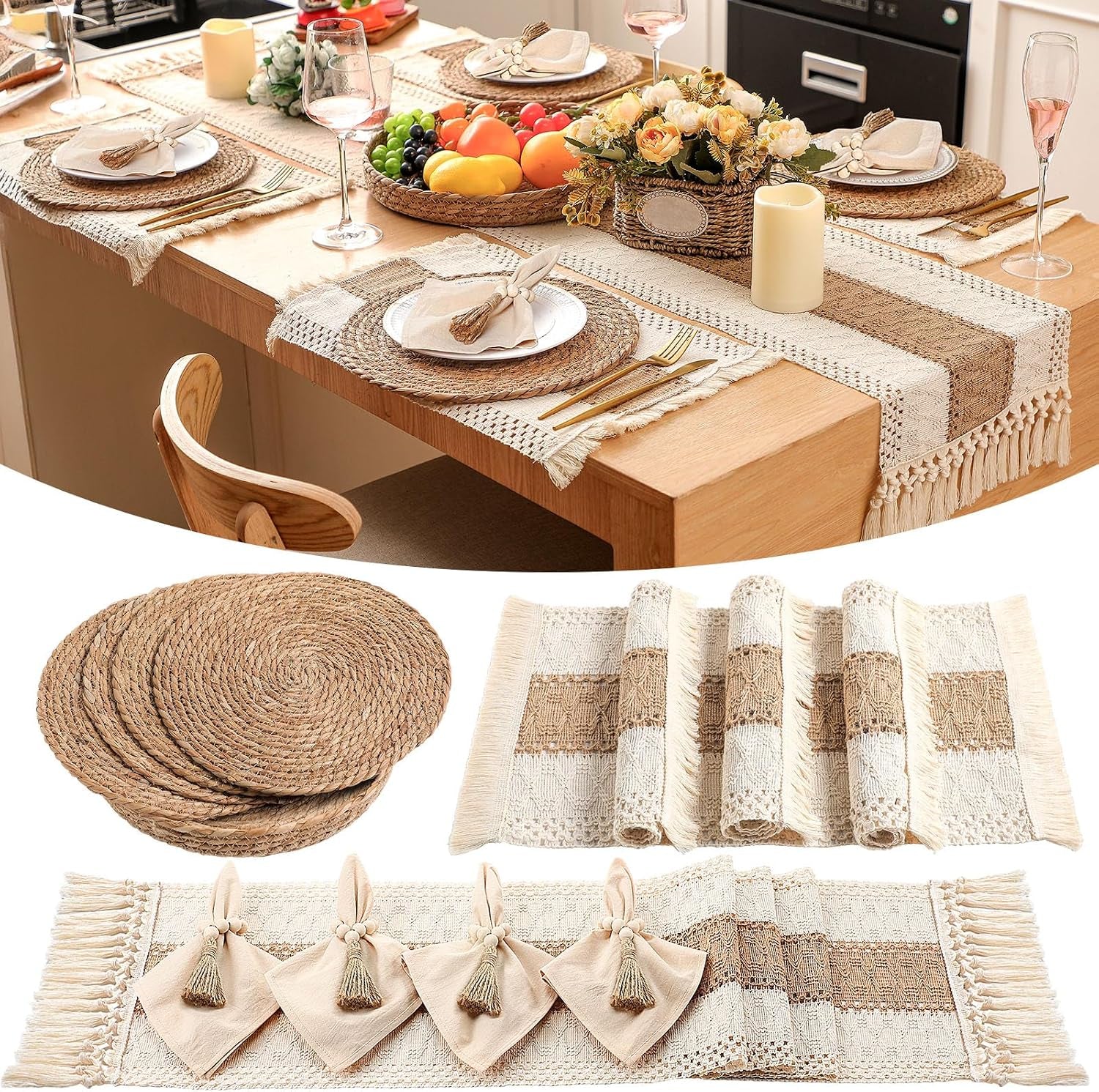 Kitchen island styled with cream runner featuring tan-brown patterned stripes, woven placemats and napkins