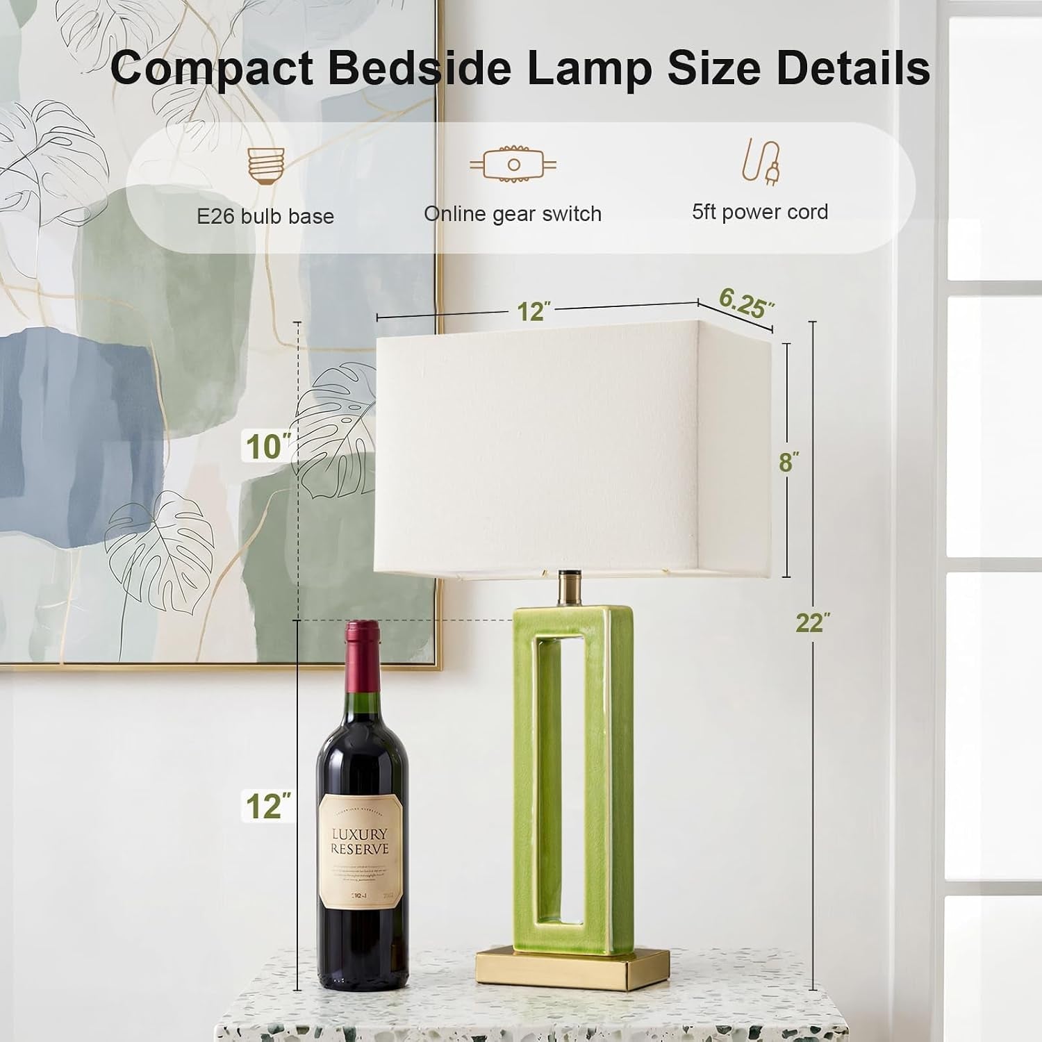 Single green rectangular ceramic lamp next to a wine bottle with overlayed measurement lines and icons.