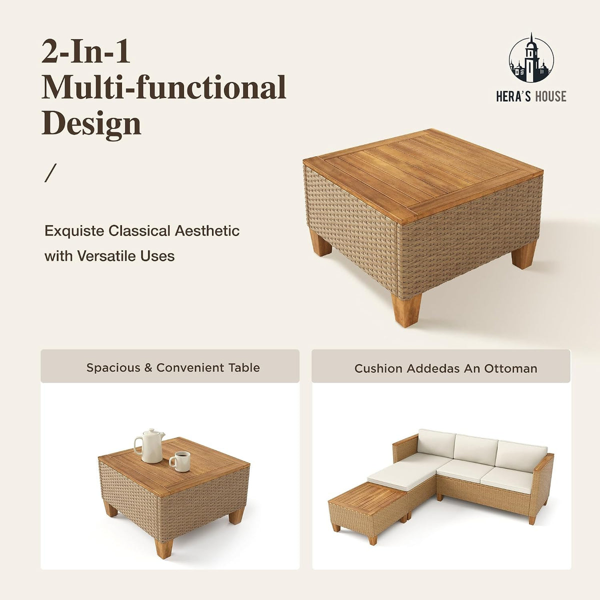 Square wicker coffee table shown alone and used as an ottoman next to the sectional insets