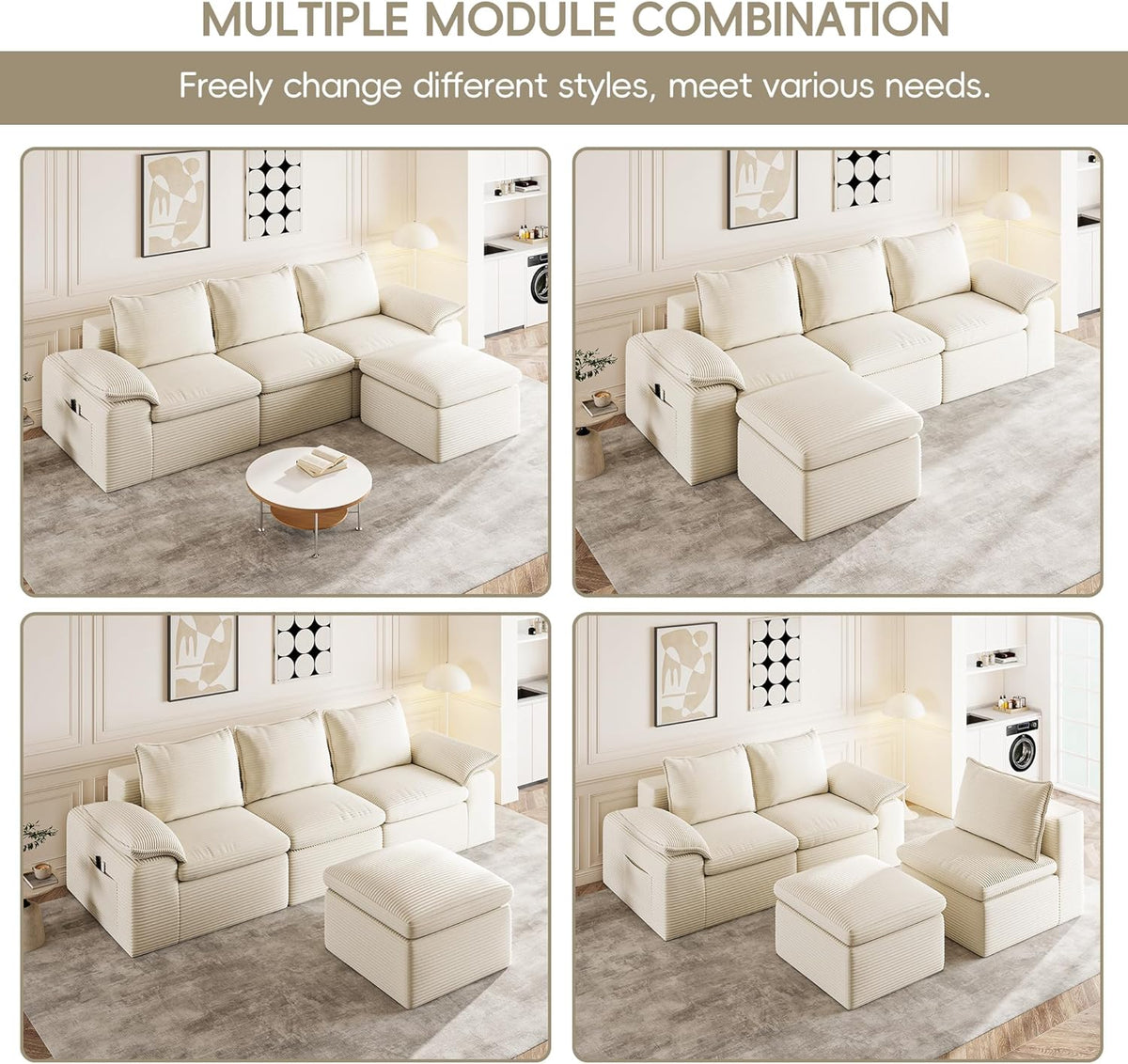 Four-panel graphic showing multiple modular combinations of cream sectional pieces