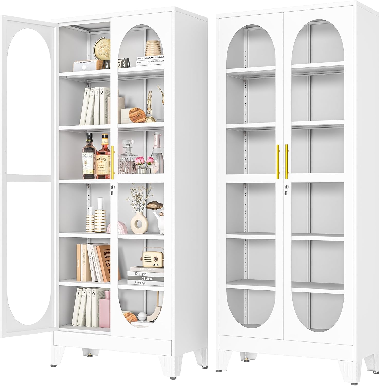 Two white display cabinets on a white background, left cabinet door open showing styled shelves