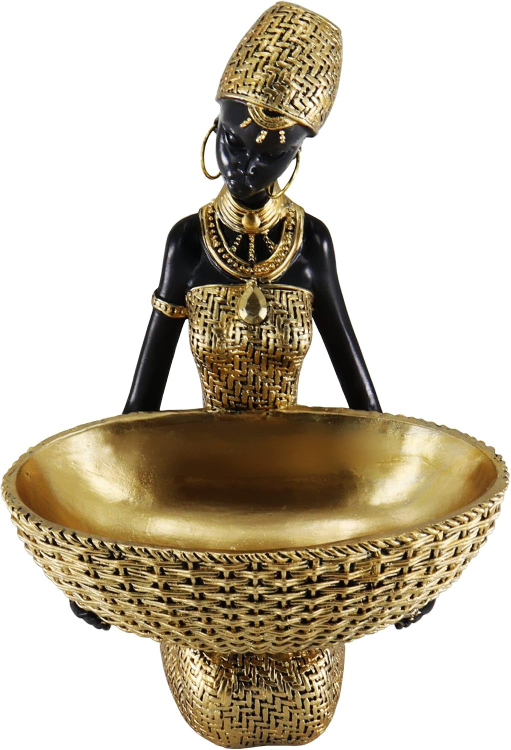 Black resin African woman figurine holding a wide woven-style gold bowl at chest height