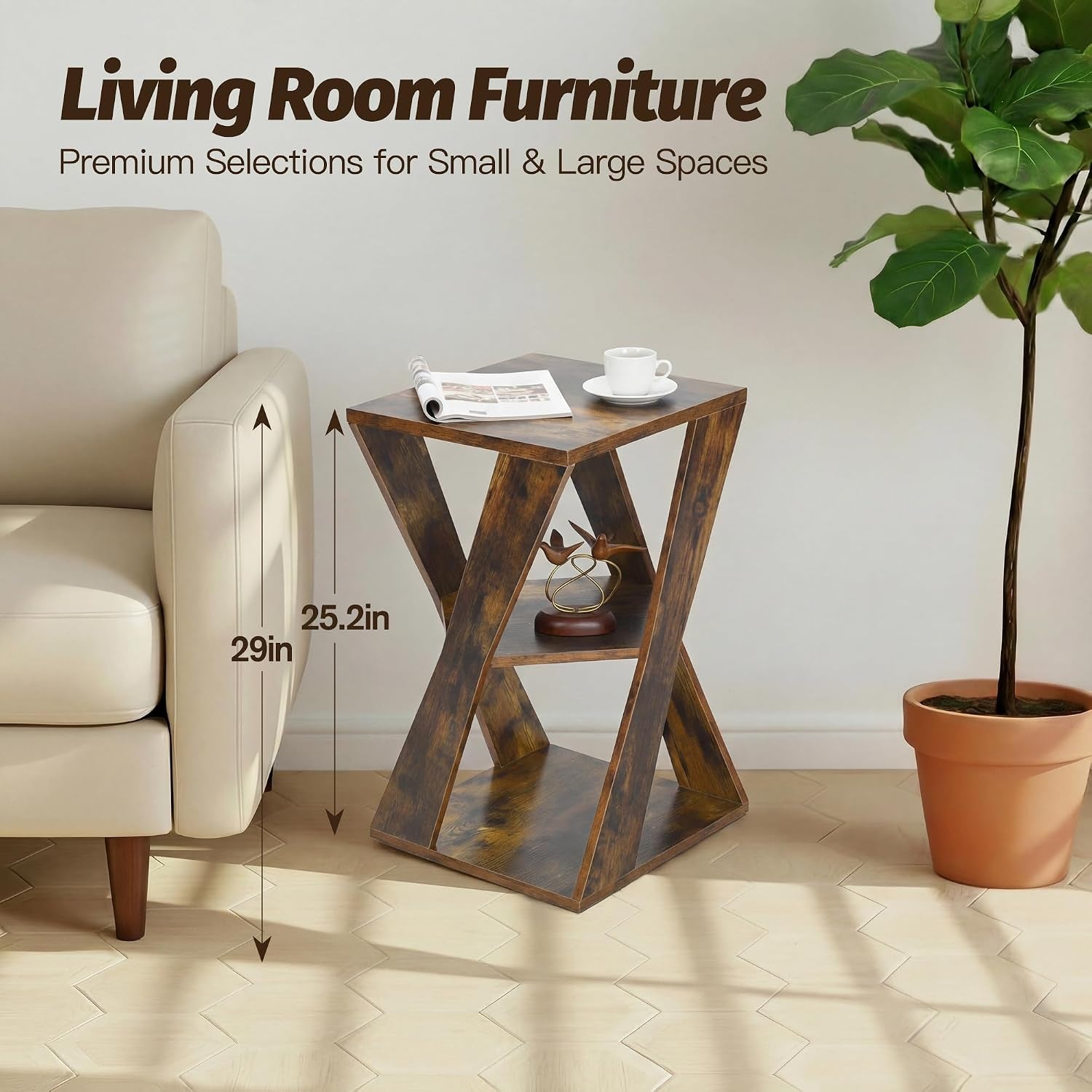 Rustic brown wooden side table staged beside a sofa with height arrows illustrating scale