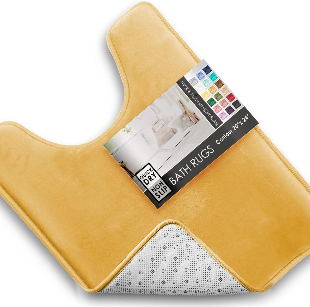 Angled close-up of a mustard-yellow U-shaped contour bath mat with peeled corner revealing patterned non-slip underside