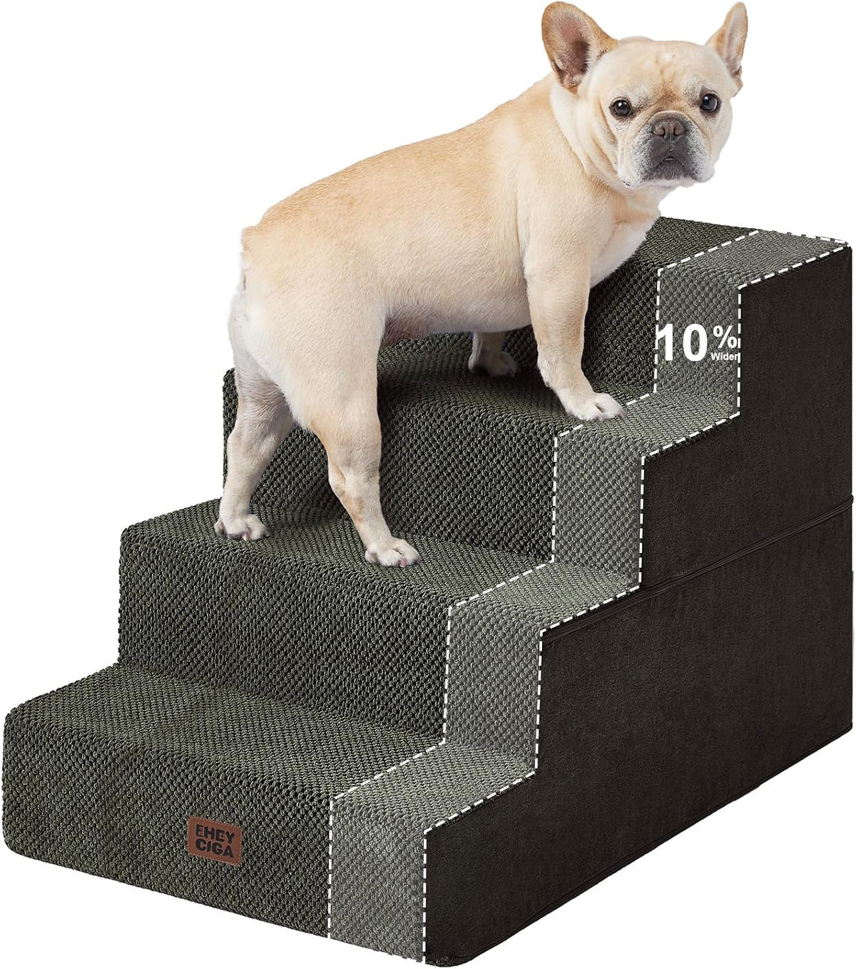 Dog on dark green three-step stairs with dashed-line overlay highlighting stepped profile