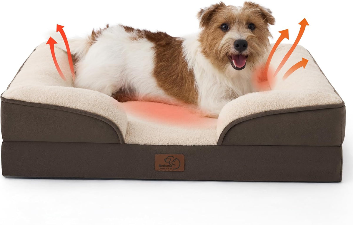 Front view of a brown bolster bed with cream fleece interior and a small terrier, orange arrows show warmth.
