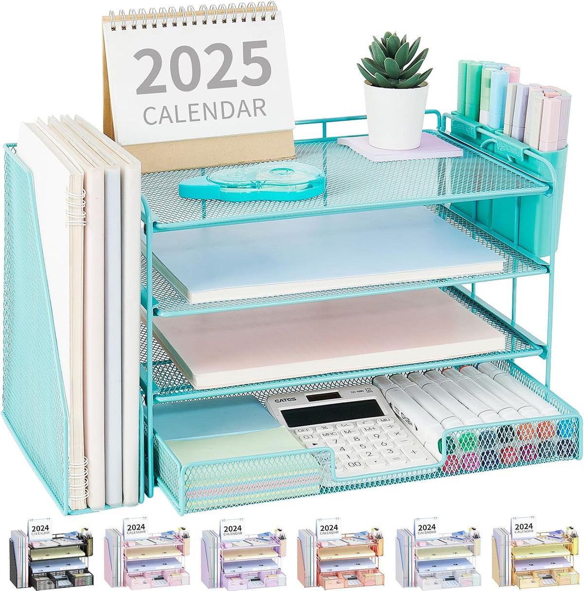 Teal metal 4-tier desk organizer with stacked paper pads, calculator and marker holder on right