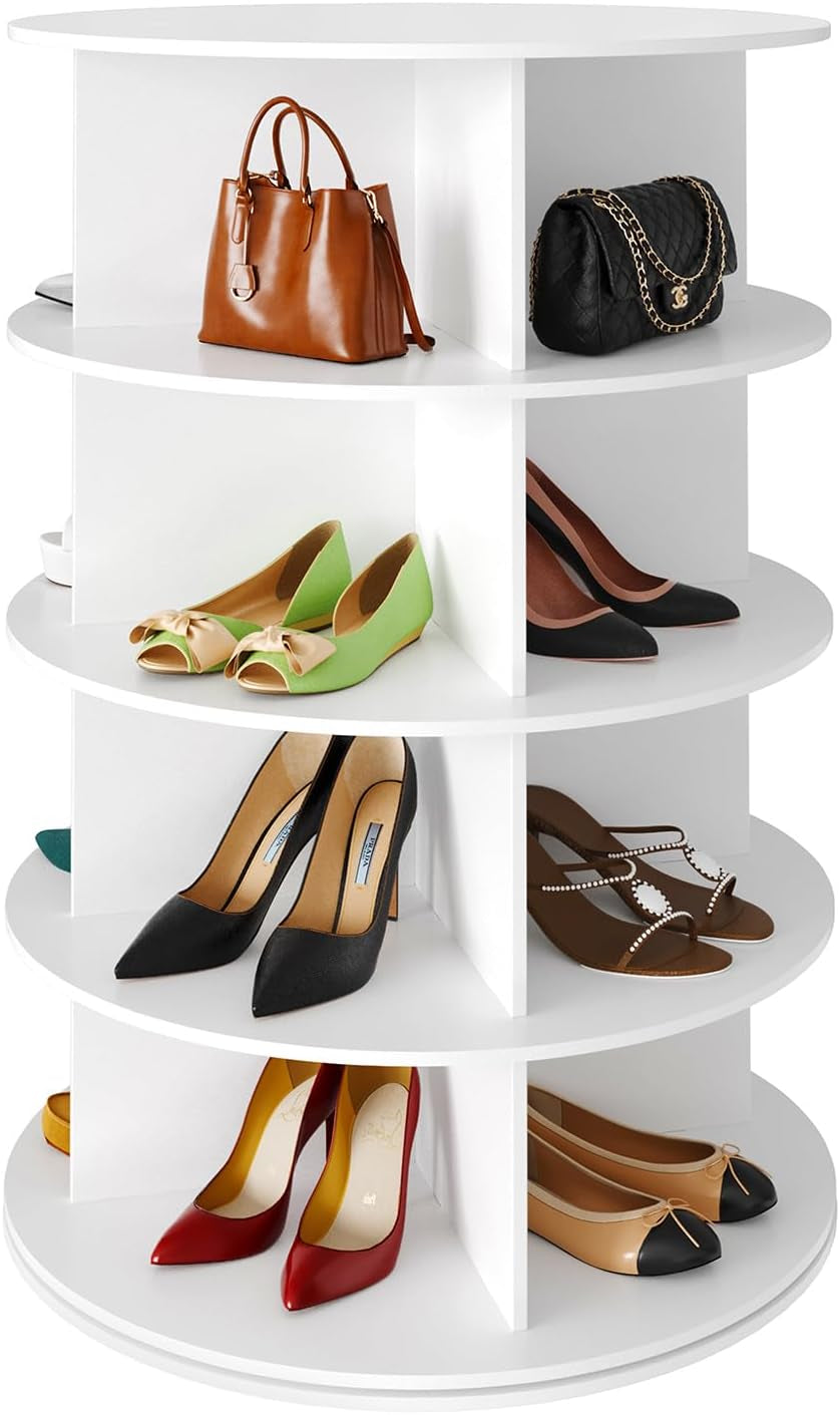 White rotating shoe tower cropped mid-height showing paired heels and flats on shelves