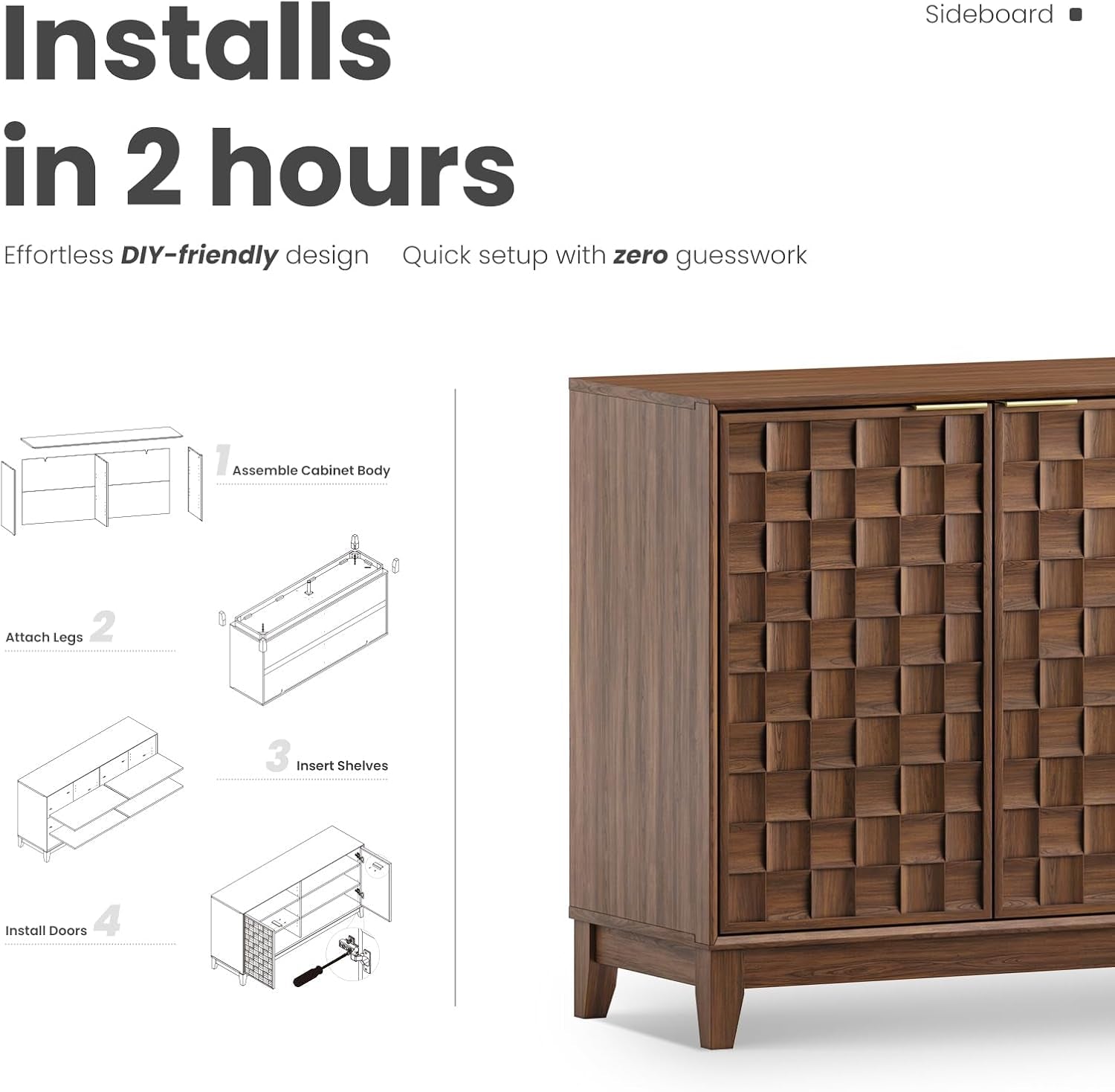 Cropped right-side view of walnut sideboard with embossed checkerboard doors beside a printed assembly diagram.
