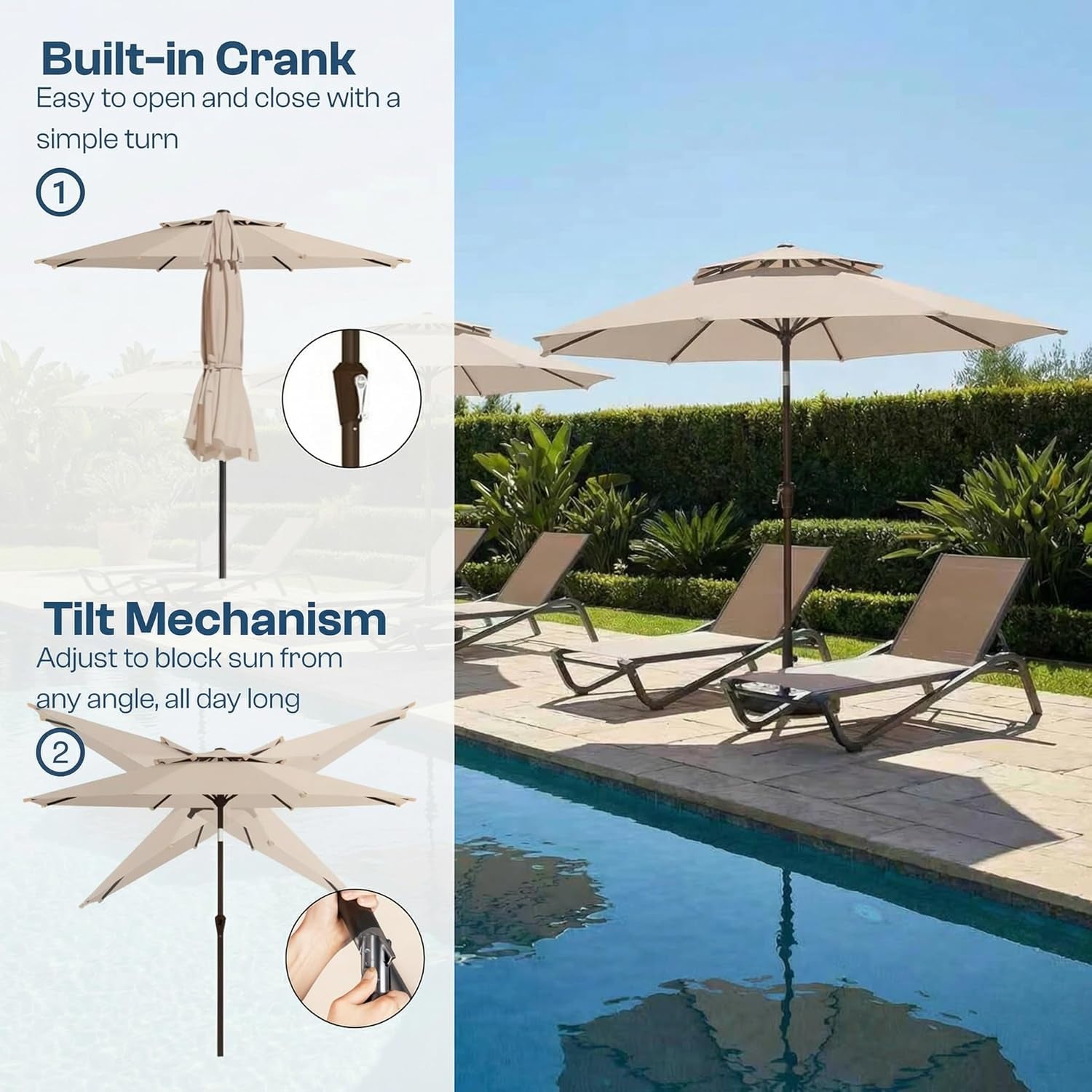Poolside scene of beige umbrella showing the built-in crank handle and tilt mechanism with angled canopy